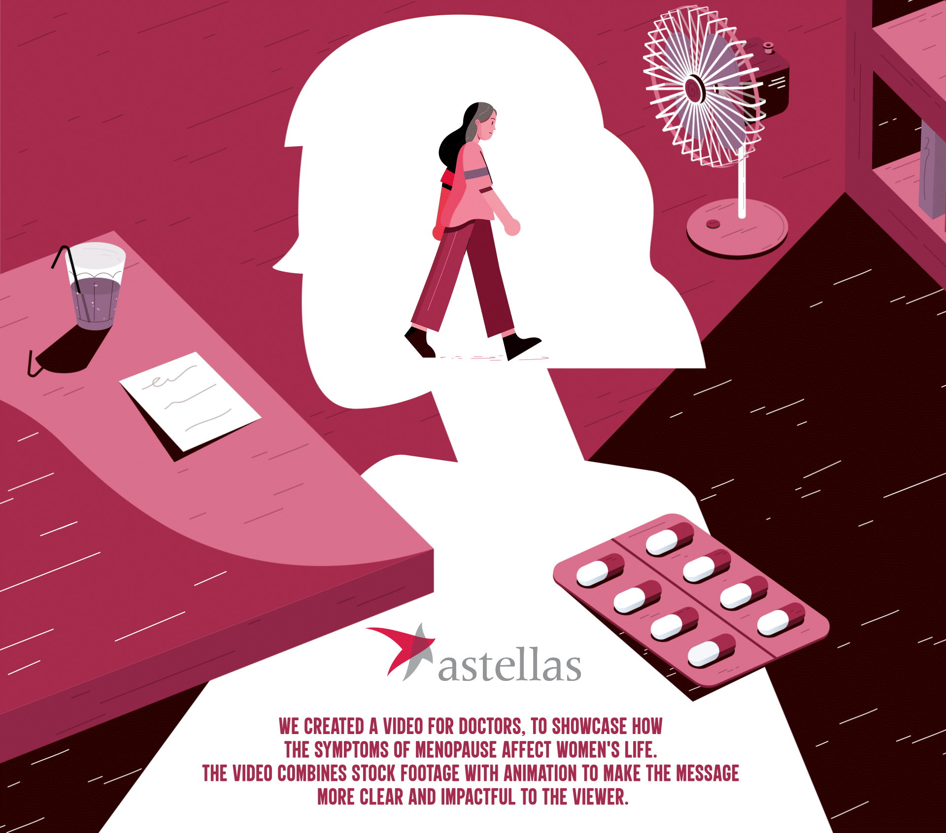 Astellas - Menopause Symptoms, video opening: illustration of a woman walking inside the silhouette of a head, with a blister pack of pills and the Astellas logo