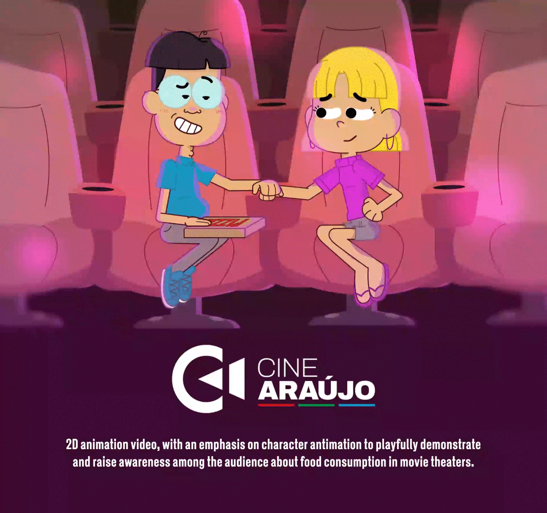 Cine Araújo - Movie Snacks, video opening: 2D animated couple holding hands in a movie theater, with a pizza box on their lap and the Cine Araújo logo
