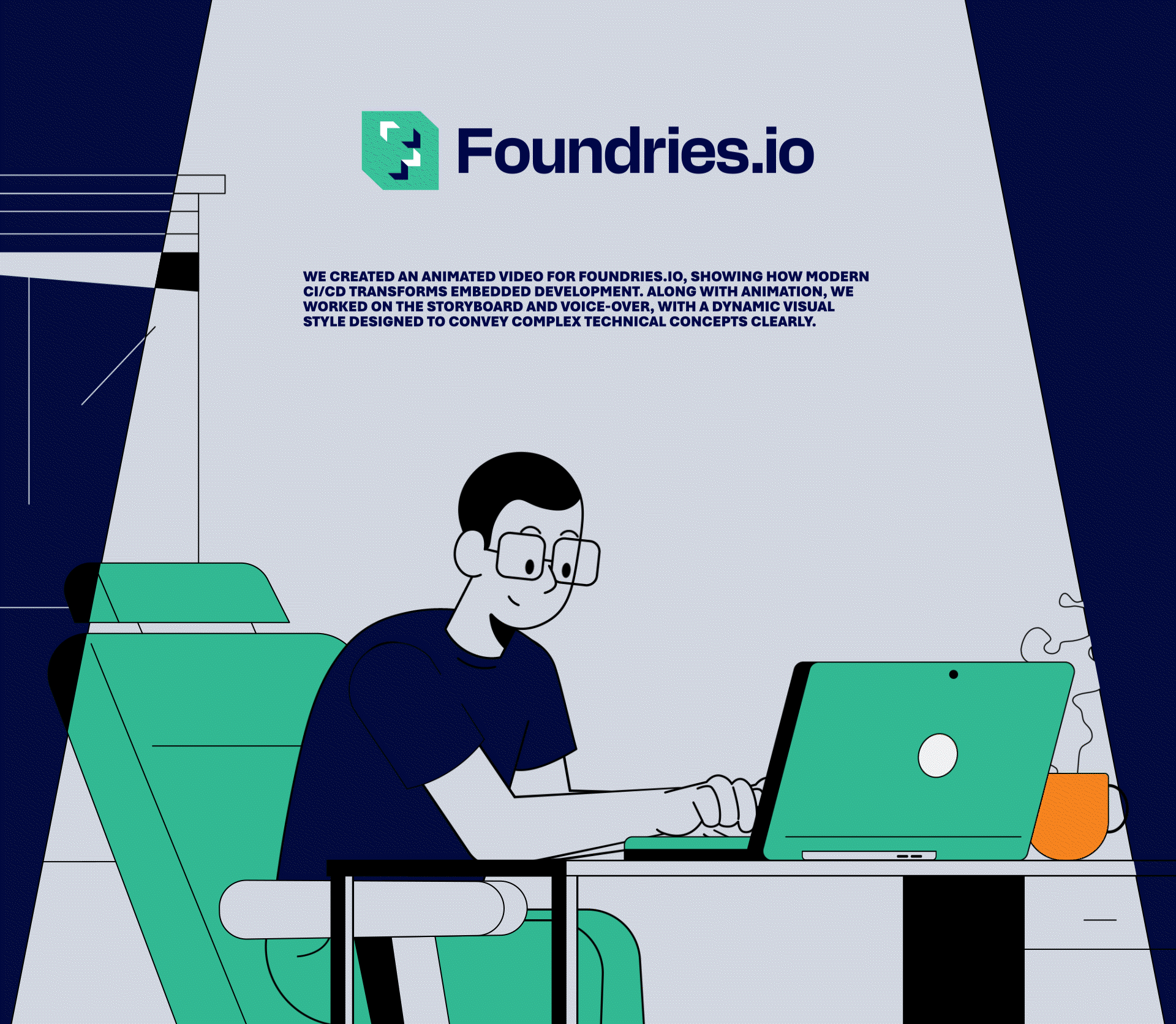 Foundries.io - FoundriesFactory, video opening: illustration of a person in glasses working on a laptop, with the Foundries.io logo